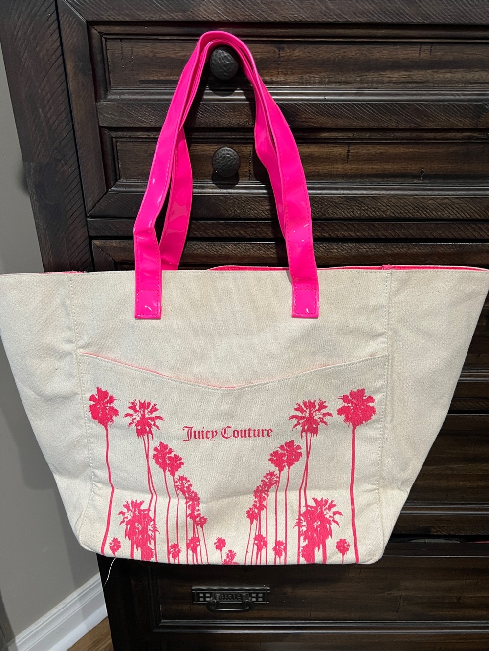 Juicy Couture Cream Canvas Tote with Hot Pink Palm Print and Handles